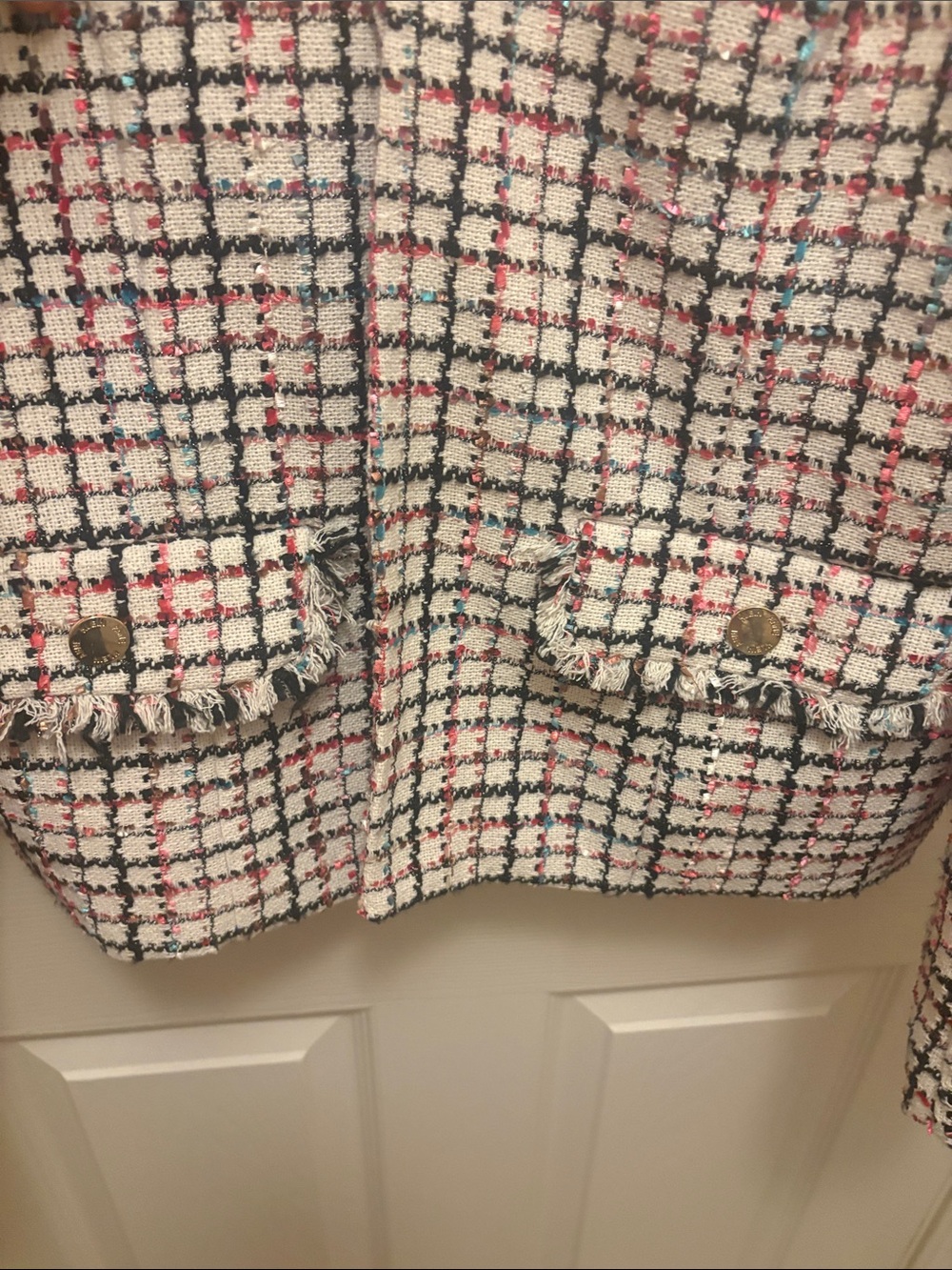 Anne Klein Cream Tweed Plaid Blazer with Pink and Blue Accents A094 - Picture 4 of 6